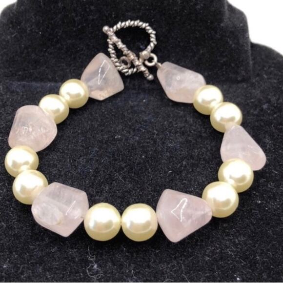 Handmade Vintage Inspired Faux Pearl Pink Gemstones Necklace & Two Bracelets Set - Picture 12 of 16